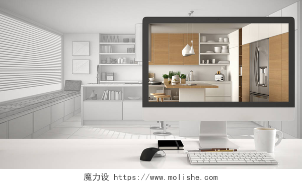 室内设计背景图建筑师房项目理念, 桌面电脑在白色办公桌上展示现代木制厨房, Cad 素描室内设计背景